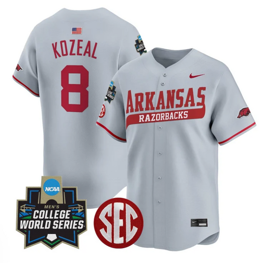 Cam Kozeal Jersey #8 Arkansas Razorbacks 2025 World Series Stitched Gray