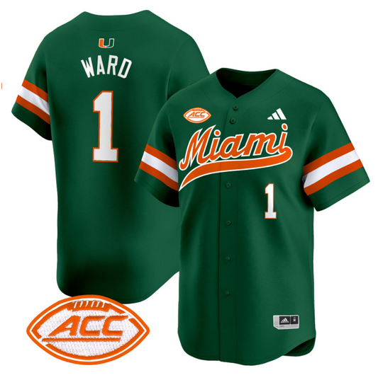 Cam Ward Jersey #1 Miami Hurricanes 2024 Baseball Stitched Green