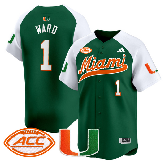 Cam Ward Jersey #1 Miami Hurricanes 2024 Baseball Stitched Green Alternate
