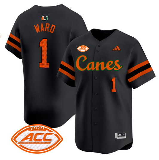 Cam Ward Jersey #1 Miami Hurricanes 2024 Baseball V2 Stitched Black