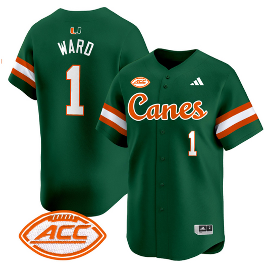 Cam Ward Jersey #1 Miami Hurricanes 2024 Baseball V2 Stitched Green