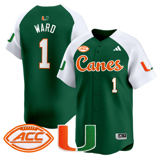 Cam Ward Jersey #1 Miami Hurricanes 2024 Baseball V2 Stitched Green Alternate