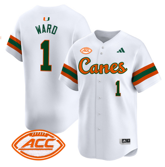 Cam Ward Jersey #1 Miami Hurricanes 2024 Baseball V2 Stitched White