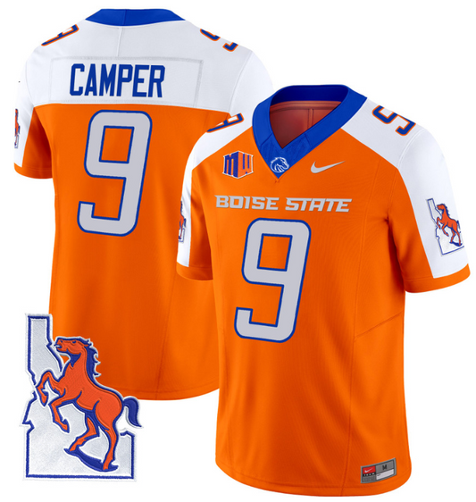 Cameron Camper Jersey #9 Boise State Broncos 2024 Map Patch Vapor Football Orange Alterante