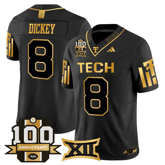Cameron Dickey Jersey #8 Texas Tech 2025 100th Anniversary Stitched Black Gold