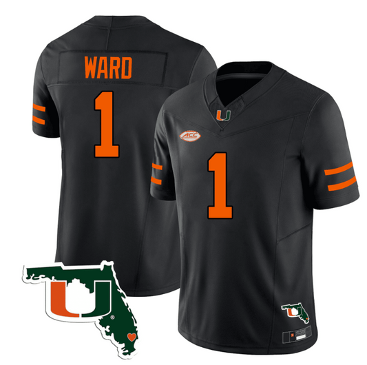 Cameron Ward Jersey #1 Miami Hurricanes Florida Map College Football Stitched Black