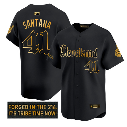 Carlos Santana Jersey #41 Cleveland Indians Gothic Iron Edition Black Gold