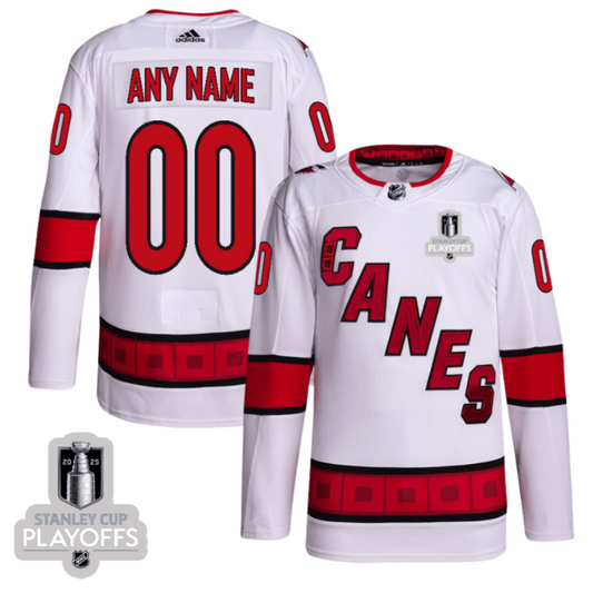 Carolina Hurricanes 2025 NHL Playoffs Patch Away Men Custom Jersey - White