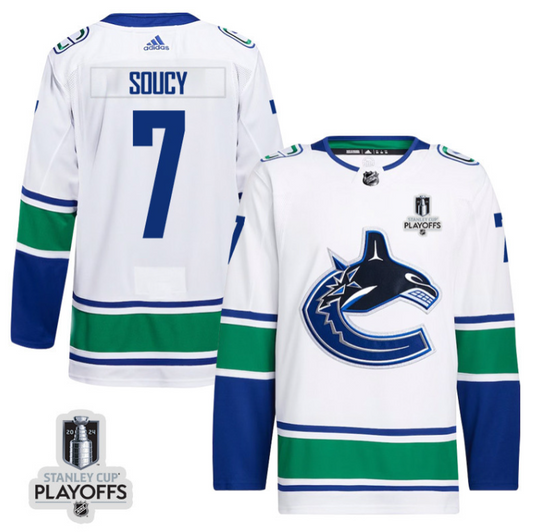 Carson Soucy 7 Vancouver Canucks 2024 NHL Playoffs Patch Away Jersey - Men, White