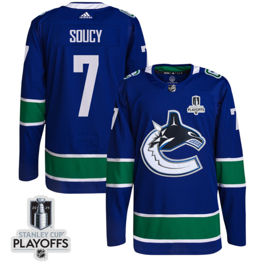 Carson Soucy 7 Vancouver Canucks 2024 NHL Playoffs Patch Home Jersey - Men, Blue