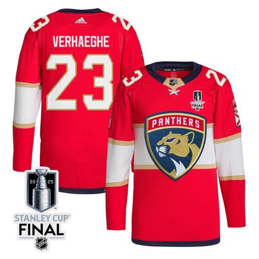 Carter Verhaeghe 23 Florida Panthers 2025 STANLEY CUP Final Patch Home Men Jersey Red