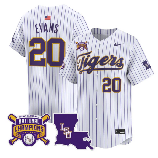 Casan Evans Jersey #20 LSU Tigers 2025 World Series Champions Stitched Stripes