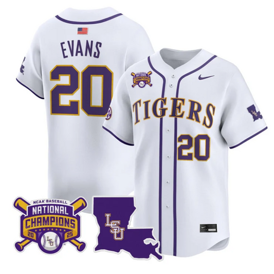 Casan Evans Jersey #20 LSU Tigers 2025 World Series Champions Stitched White