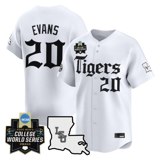 Casan Evans Jersey #20 LSU Tigers 2025 World Series Gothic Geaux Edition White