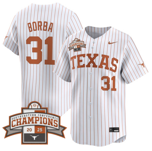 Casey Borba Jersey #31 Texas Longhorns 2025 Southeastern Champions Vapor Stitched Pinstripe