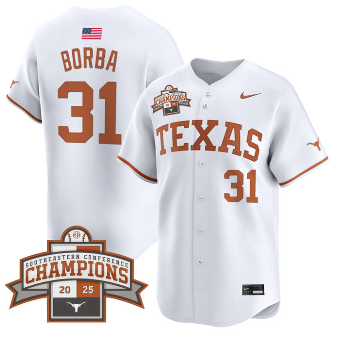 Casey Borba Jersey #31 Texas Longhorns 2025 Southeastern Champions Vapor Stitched White