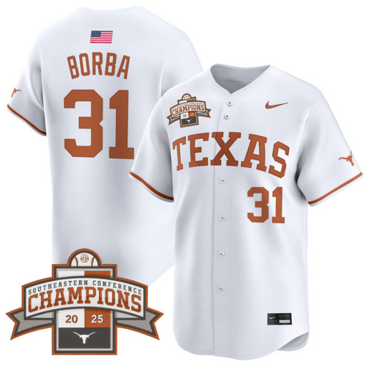 Casey Borba Jersey #31 Texas Longhorns 2025 Southeastern Champions Vapor Stitched White
