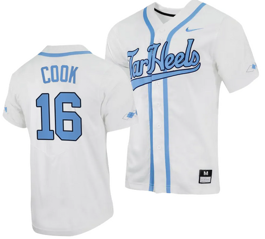 Casey Cook Jersey #16 North Carolina Tar Heels Baseball White Full-Button