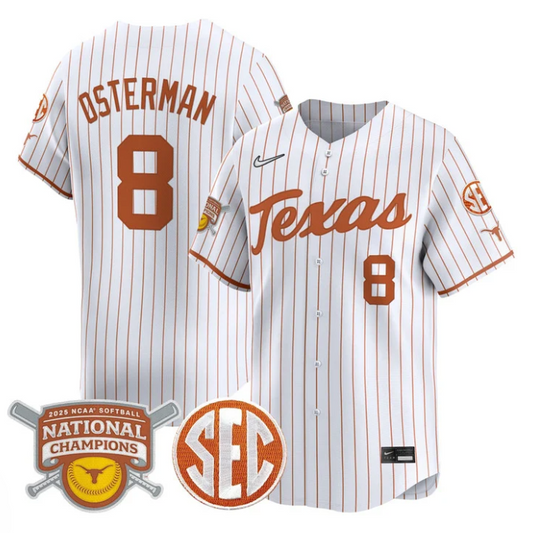 Cat Osterman Jersey #8 Texas Longhorns 2025 National Champions White Pinstripe