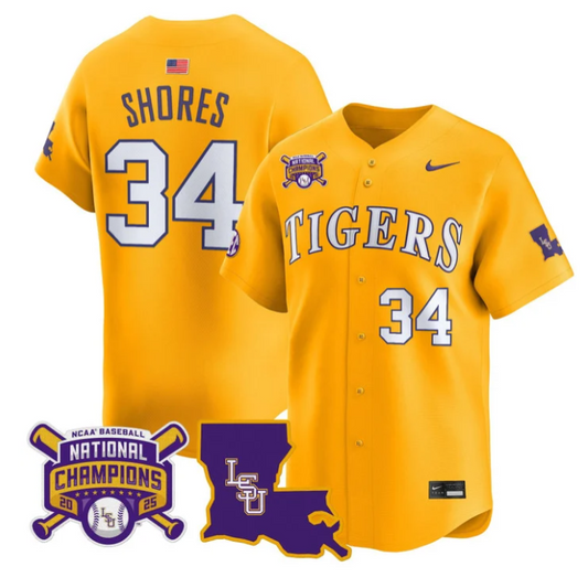 Chase Shores Jersey #34 LSU Tigers 2025 World Series Champions Stitched Gold
