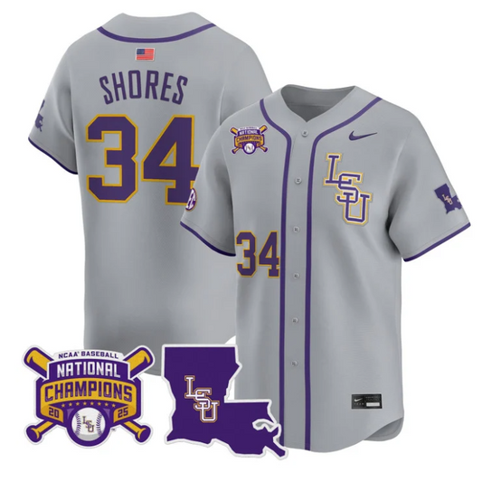 Chase Shores Jersey #34 LSU Tigers 2025 World Series Champions Stitched Gray