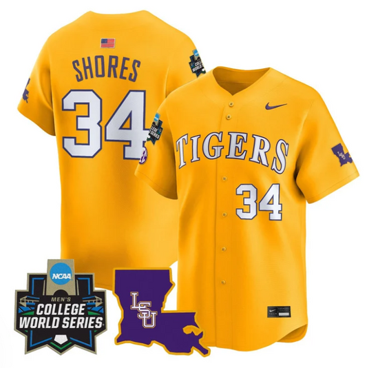 Chase Shores Jersey #34 LSU Tigers 2025 World Series Stitched Gold