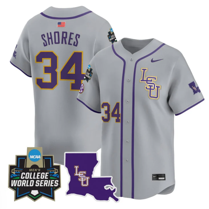 Chase Shores Jersey #34 LSU Tigers 2025 World Series Stitched Gray