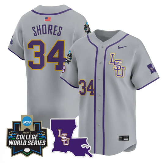 Chase Shores Jersey #34 LSU Tigers 2025 World Series Stitched Gray