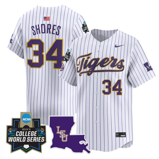 Chase Shores Jersey #34 LSU Tigers 2025 World Series Stitched Pinstripe