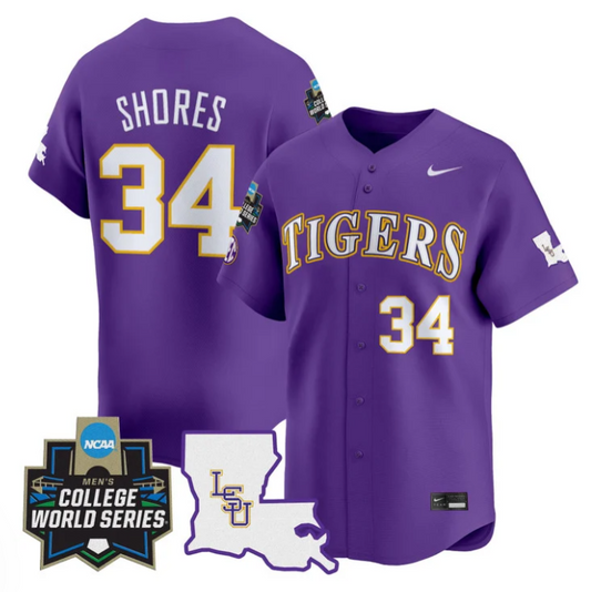 Chase Shores Jersey #34 LSU Tigers 2025 World Series Stitched Purple