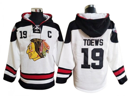 Chicago Blackhawks #19 Jonathan Toews White Ageless Must-Have Lace-Up Pullover Hoodie