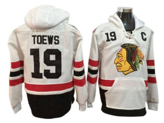 Chicago Blackhawks #19 Jonathan Toews White One Front Pocket Pullover Hoodie