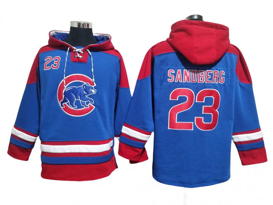 Chicago Cubs #23 Ryne Sandberg Blue Ageless Must-Have Lace-Up Pullover Hoodie