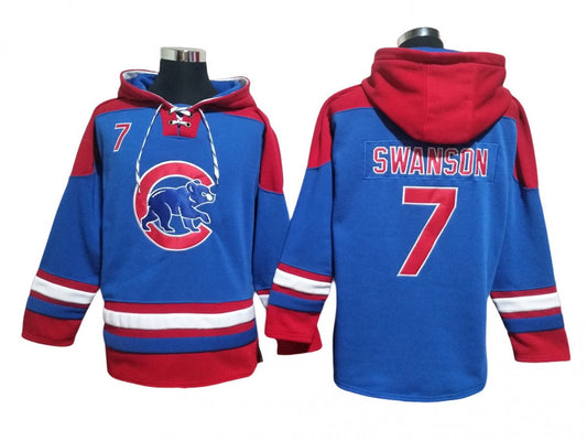 Chicago Cubs #7 Dansby Swanson Blue Ageless Must-Have Lace-Up Pullover Hoodie