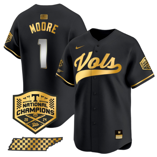 Christian Moore Jersey #1 Tennessee Vols 2024 Champions Stitched Black Gold