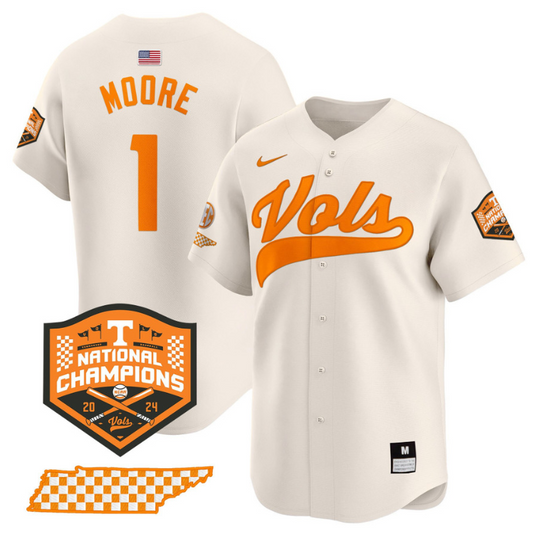 Christian Moore Jersey #1 Tennessee Vols 2024 Champions Stitched Cream