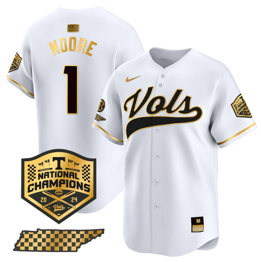 Christian Moore Jersey #1 Tennessee Vols 2024 Champions Stitched White Gold