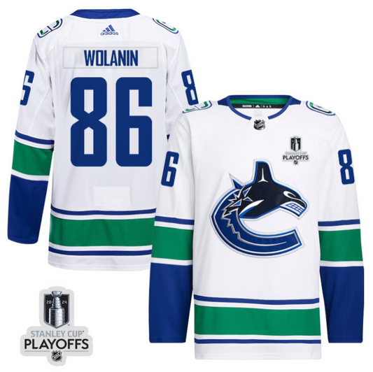 Christian Wolanin 86 Vancouver Canucks 2024 NHL Playoffs Patch Away Jersey - Men, White