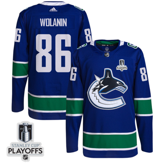 Christian Wolanin 86 Vancouver Canucks 2024 NHL Playoffs Patch Home Jersey - Men, Blue