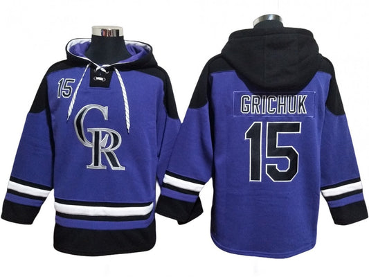 Colorado Rockies #15 Randal Grichuk Purple Ageless Must-Have Lace-Up Pullover Hoodie
