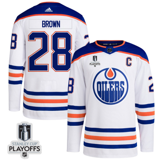 Connor Brown 28 Edmonton Oilers 2024 NHL Playoffs Patch Away Jersey - Men, White