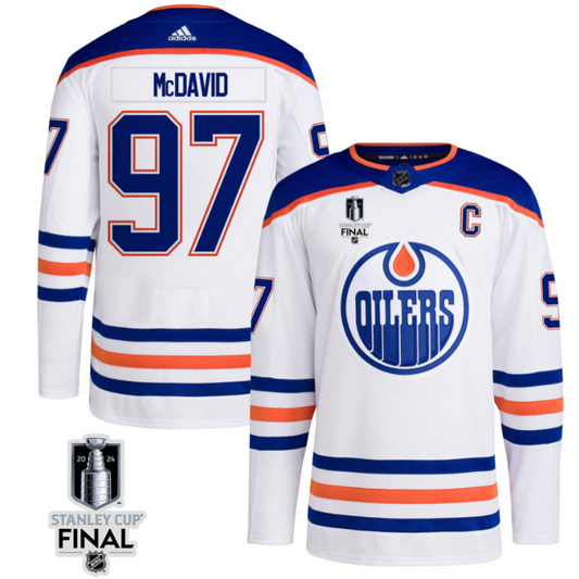 Connor McDavid 97 Edmonton Oilers 2024 STANLEY CUP Final Away Jersey Men, White