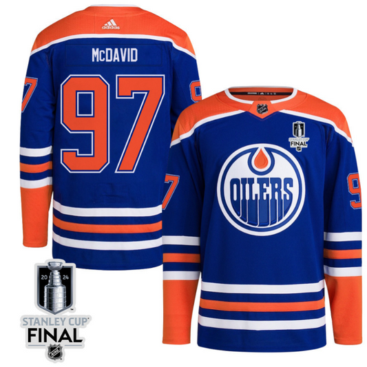 Connor McDavid 97 Edmonton Oilers 2024 STANLEY CUP Final Home Primegreen Jersey Men, Royal