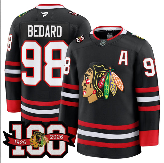 Connor Bedard Jersey #98 Chicago Blackhawks 2025-26 Premium 100th Stitched