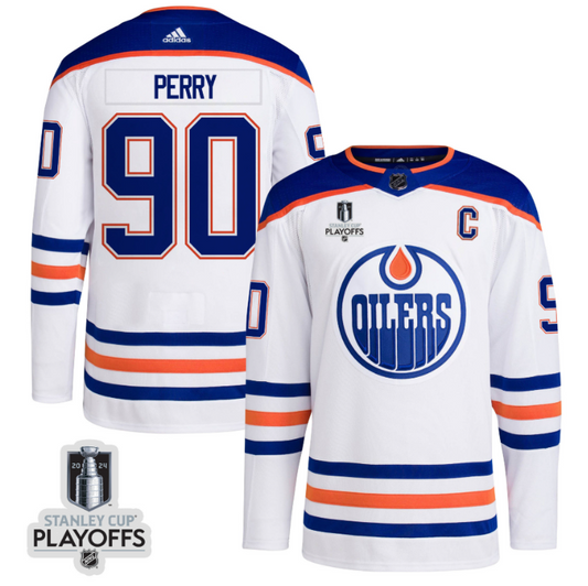 Corey Perry 90 Edmonton Oilers 2024 NHL Playoffs Patch Away Jersey - Men, White