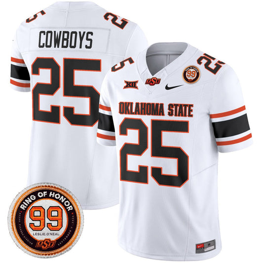 Cowboys Jersey #25 Oklahoma State Cowboys 2025 Leslie O'neal Patch White