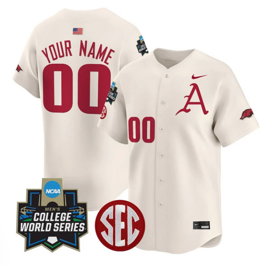 Custom Arkansas Razorbacks Jersey 2025 World Series Stitched Cream