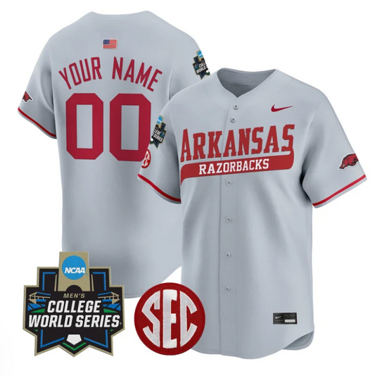 Custom Arkansas Razorbacks Jersey 2025 World Series Stitched Gray
