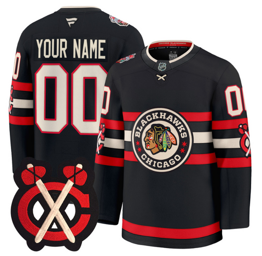 Custom Chicago Blackhawks Jersey Winter Classic Patch Premium All Stitched Black