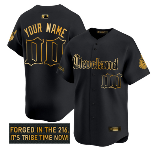 Custom Cleveland Indians Jersey Gothic Iron Edition Stitched Black Gold